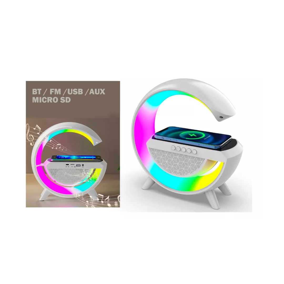Parlante Lámpara G | RGB · Cargador Inalámbrico 15W · Bluetooth 5.3 · Despertador