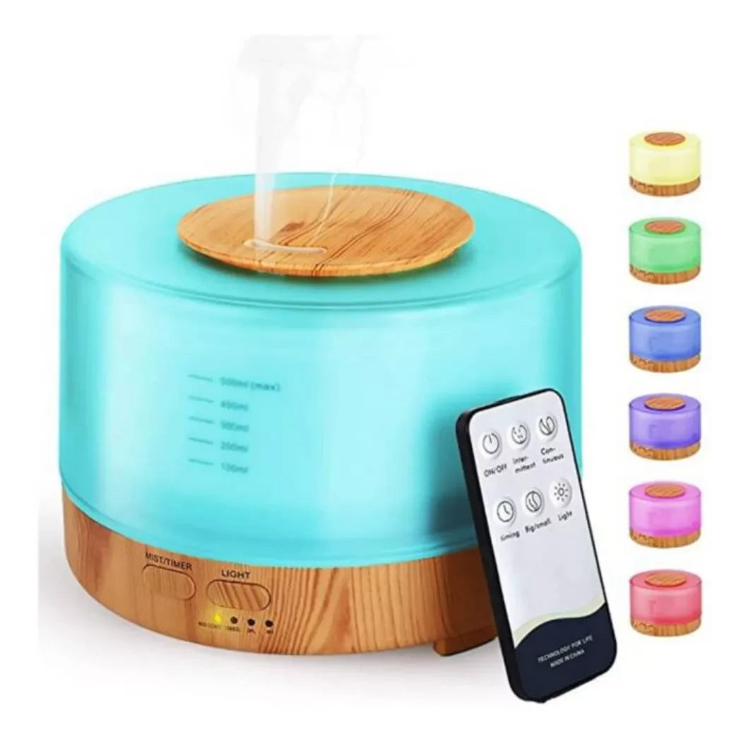 Humificador Difusor Base Madera 500ml | LED Multicolor · Control Remoto · Aromaterapia