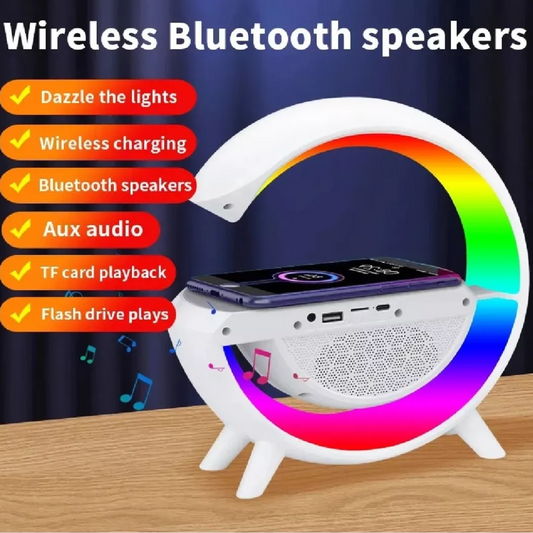 Parlante Lámpara G | RGB · Cargador Inalámbrico 15W · Bluetooth 5.3 · Despertador