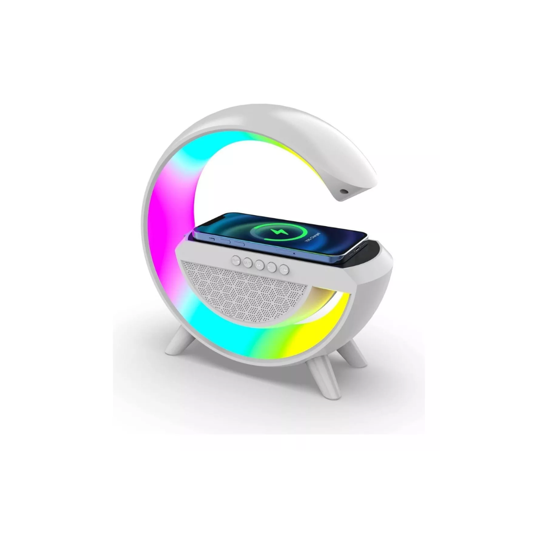 Parlante Lámpara G | RGB · Cargador Inalámbrico 15W · Bluetooth 5.3 · Despertador